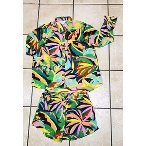 True Destinations Rayon Long Sleeve Short Set Resort Wear Women Smal 2 Piece